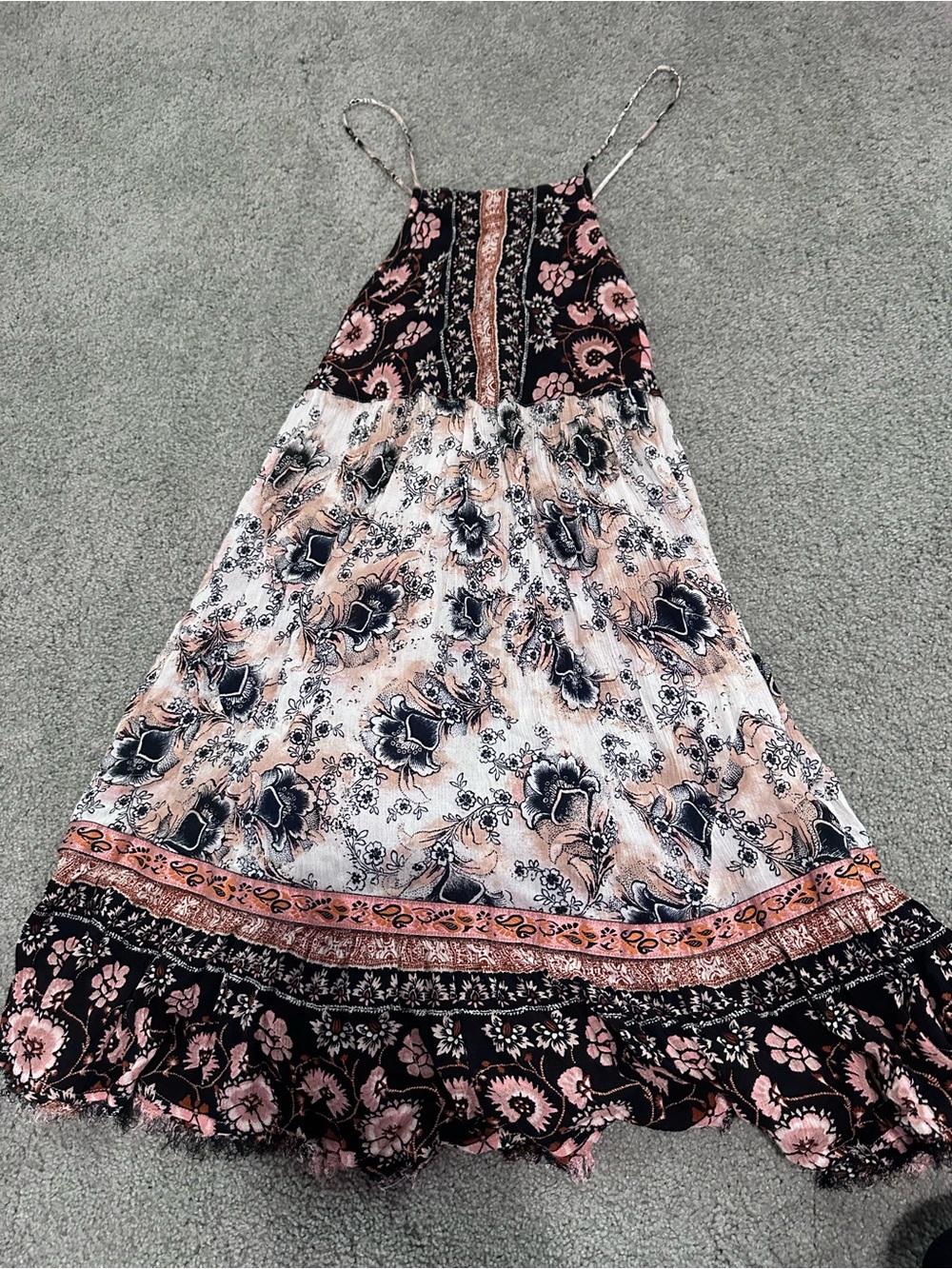 Free People Pink and Black Floral Boho Mini Dress